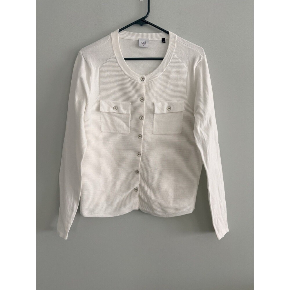CAbi White Fencing Cardigan Sweater Ribbed Front Style 5145 Womens Large